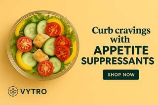 Healthy salad bowl promoting VYTRO appetite suppressants for weight control and hunger reduction – clean design with minimal VYTRO logo on side.