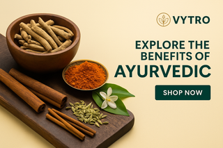 Ayurvedic herbs and roots in traditional bowls – natural healing ingredients for VYTRO wellness supplements