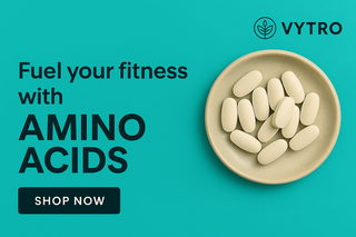 A digital advertisement banner showcasing amino acid supplements in capsule and powder form, surrounded by fitness elements and clean design to represent muscle support and recovery – VYTRO Amino Acids category.