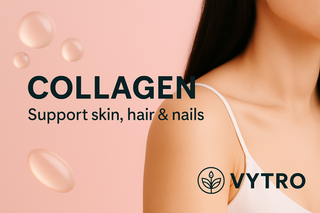 High-quality collagen capsules beside a pink glass dropper and glossy surface, representing VYTRO’s premium skin, hair, and joint health supplements.