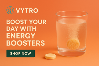 High-energy supplement ingredients including capsules, citrus fruits, and performance elements representing VYTRO Energy Boosters for vitality and stamina support.