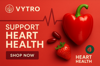 Promotional image for VYTRO Heart Health supplements featuring a red heart graphic surrounded by clean capsules and botanical elements, symbolising cardiovascular support and vitality.