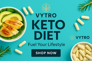 A promotional digital graphic for VYTRO Keto Diet supplements featuring low-carb foods like avocado, salmon, nuts, and eggs arranged neatly on a minimalist backdrop, representing clean keto nutrition.
