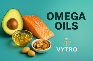 A digital image showcasing golden omega oil capsules on a clean white surface with subtle reflections, representing purity, brain and heart health, and premium supplement quality – ideal for VYTRO’s Omega Oils category banner.