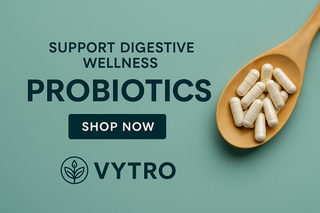 Digital promotional image showcasing VYTRO Probiotics with symbolic gut-friendly elements, vibrant greens, and a clean background to evoke digestive health and balance.