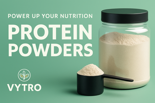 A promotional digital image featuring VYTRO protein powders in sleek packaging alongside a protein shake, scoop of powder, and fitness-themed accessories—symbolising muscle recovery, strength, and performance enhancement.