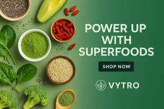 A vibrant assortment of colorful superfoods including berries, seeds, and leafy greens, arranged on a neutral background to represent natural nutrition and wellness in VYTRO's superfood supplements.