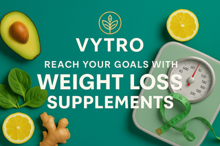 VYTRO Weight Loss Supplements – Digital promotional image featuring a slim female silhouette, measuring tape, and natural wellness icons representing fat-burning, metabolism support, and healthy weight management.
