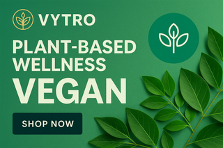 A promotional digital graphic for VYTRO’s vegan supplements category, featuring fresh green vegetables, plant-based capsules, and minimalist packaging on a soft botanical background.