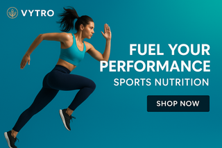 VYTRO Sports Nutrition supplement promotion – clean energy capsules with sleek teal and charcoal background design, symbolizing power, endurance, and athletic performance.