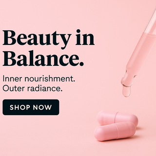 VYTRO Beauty in Balance banner featuring pink supplement capsules and a serum dropper on a pastel background with the text ‘Beauty in Balance – Inner nourishment, outer radiance’, promoting UK collagen and skin health supplements.