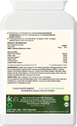 VYTRO® APPLE CIDER VINEGAR+ – Metabolism, Blood Sugar & Energy Support | With Cayenne, Ginger, Green Tea & Chromium | Vegan Capsules
