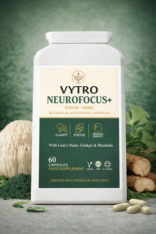 VYTRO NEUROFOCUS+ | Botanical Nootropic Complex with Lion’s Mane, Ginkgo & Rhodiola – Focus, Clarity & Mental Energy (60 Capsules)