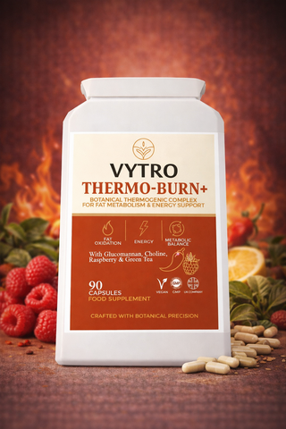 VYTRO THERMO-BURN+ | Botanical Thermogenic Complex for Fat Metabolism & Energy Support with Glucomannan, Choline, Raspberry & Green Tea (90 Capsules)