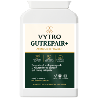Vytro GutRepair+ amino acid powder container on a white background