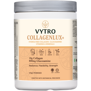 Front label of VYTRO Collagenlux+ powder supplement featuring 10g hydrolysed collagen, 800mg glucosamine, and essential vitamins and minerals for hair, skin, joints, and nails support.