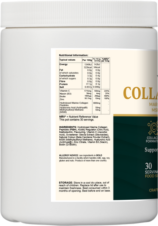 VYTRO Collagen Gold+ nutritional breakdown – includes 9000mg marine collagen peptides, biotin, zinc, hyaluronic acid, vitamin C – 315g powder for joint, skin, and hair health