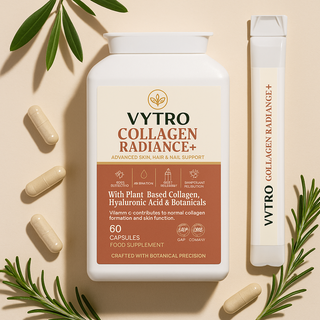 Flatlay of VYTRO Collagen Radiance+ supplement bottle, sachet, and capsules with botanical accents — designed for advanced skin, hair, and nail support using plant-based collagen, hyaluronic acid, and vitamins.