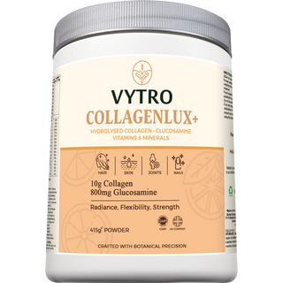 Angled view of VYTRO Collagenlux+ powder container highlighting key benefits for hair, skin, joints, and nails — formulated with hydrolysed collagen and glucosamine for flexibility and strength.
