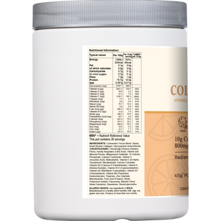 Detailed nutritional information panel for VYTRO Collagenlux+ powder supplement including vitamin, mineral, and ingredient breakdown with daily NRV percentages.