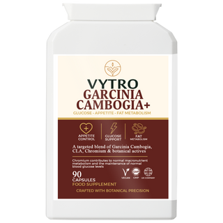 VYTRO Garcinia Cambogia+ fat burner supplement with CLA, cinnamon, white kidney bean, and glucomannan – 90 vegan capsules for glucose support and weight balance – UK-made