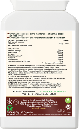 Back label of VYTRO Garcinia Cambogia+ listing full ingredients and usage instructions – includes garcinia, green coffee, cinnamon, CLA, and chromium – 90 capsules – made in UK under GMP