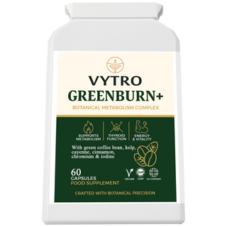 Greenburn+ metabolism support capsules with green coffee, kelp, cinnamon, cayenne, chromium and iodine – boosts energy, thyroid function and fat metabolism – 60 vegan capsules – VYTRO UK