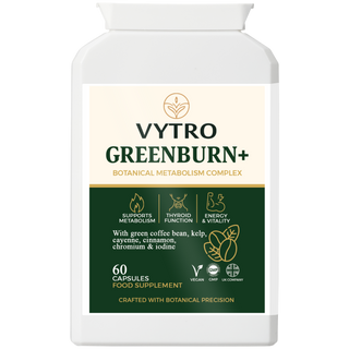 VYTRO Greenburn+ fat metabolism and energy complex with green coffee bean, kelp, iodine and cayenne – 60 capsule supplement for thyroid function and vitality – vegan, UK made