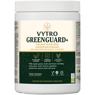 VYTRO Greenguard+ alkalising greens powder with immune support and high-fibre blend – includes superfoods like barley grass, berries, mushrooms, and seeds – 300g vegan tub