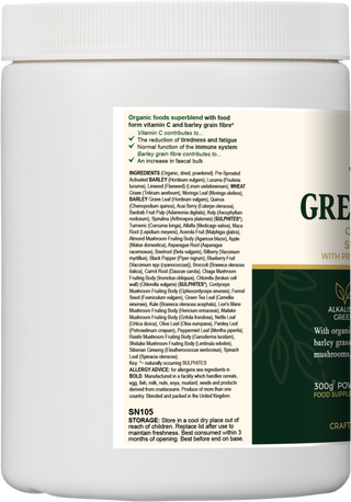 Ingredient label of VYTRO Greenguard+ – features organic blend of greens, berries, mushrooms, herbs, seeds, quinoa, and sprouted barley – blended and packed in the UK