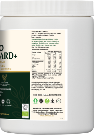 How to use VYTRO Greenguard+ superfood powder – mix 15g with water or juice – includes vitamin C, fibre, and over 20 servings – vegan, halal, and kosher certified – made in UK