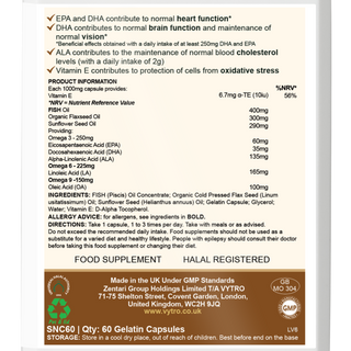 Back label of VYTRO Omegabalance+ supplement showing Omega 3-6-9 breakdown, ingredients, and dosage information — includes fish oil, flaxseed oil, and sunflower seed oil in softgel capsules, Halal registered and GMP certified.