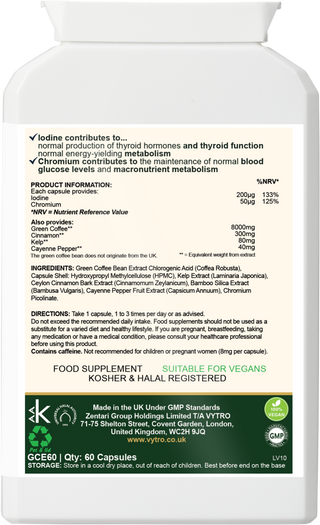 Back label of VYTRO Greenburn+ showing full ingredients including green coffee extract, cinnamon, iodine, and cayenne – usage directions, caffeine warning, and UK manufacturing details