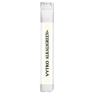 Side label of VYTRO ALKALIGREEN+ supplement bottle showing vertical VYTRO branding and minimalist alkaline nutrition design.