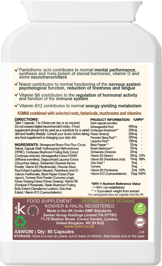 Back label of VYTRO Ashwaganda+ showing ingredients including KSM-66 ashwagandha, maca, cordyceps, reishi mushroom, vitamins B6 and B12 for energy and mental wellbeing.