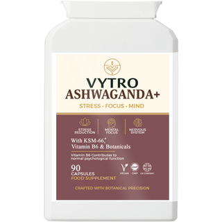 VYTRO Ashwaganda+ supplement front label – KSM-66 ashwagandha with vitamin B6 and botanicals for stress reduction, focus, and nervous system support – 90 capsules.