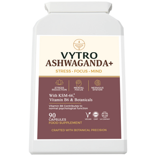 Front-facing VYTRO Ashwaganda+ supplement with KSM-66 and vitamin B complex for calm focus, stress relief, and mental balance – vegan capsules made in the UK.