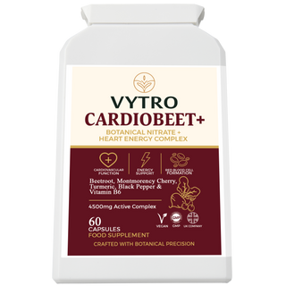 VYTRO CARDIOBEET+ Botanical Nitrate + Heart Energy Complex — premium blend of beetroot, Montmorency cherry, turmeric, black pepper and vitamin B6 to support cardiovascular function and energy metabolism.