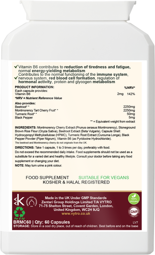 Back label of VYTRO CARDIOBEET+ showing ingredients and nutritional information including beetroot extract, Montmorency cherry, turmeric, black pepper and vitamin B6 for tiredness reduction and blood cell formation.