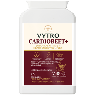 Angled front view of VYTRO CARDIOBEET+ — vegan botanical capsules crafted to boost heart energy, circulation and endurance with natural nitrates and polyphenols.