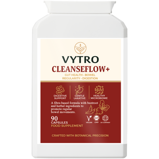 Front-facing VYTRO CleanseFlow+ supplement bottle highlighting fibre-based formula with beetroot and botanicals for bowel regularity, gut health, and digestive balance – crafted with botanical precision.