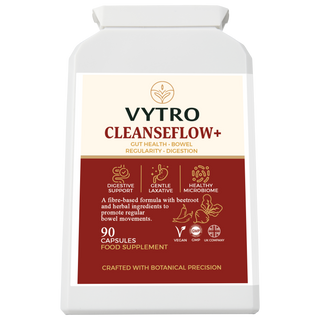 VYTRO CleanseFlow+ gut health supplement bottle showing front label with digestive support, gentle laxative, and healthy microbiome benefits – 90 vegan capsules for bowel regularity made in the UK.