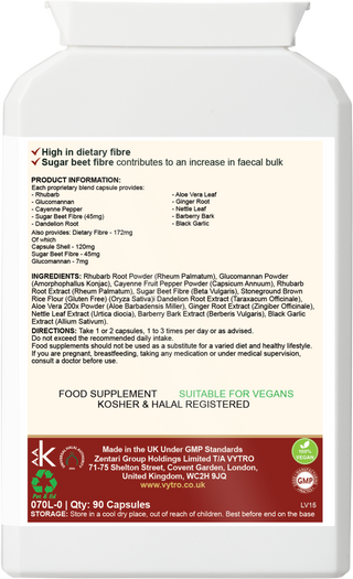Back of VYTRO CleanseFlow+ supplement showing full ingredient list with rhubarb, glucomannan, aloe vera, ginger root, nettle leaf, and black garlic – high fibre, vegan, halal, and kosher registered.