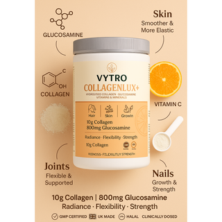 VYTRO COLLAGENLUX+ with hydrolysed collagen and glucosamine — radiance, flexibility and strength for hair, skin, nails and joints — scientifically formulated with vitamin C and clinically dosed nutrients.