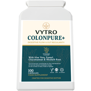 VYTRO COLONPURE+ colon and digestive cleanse supplement with Aloe Vera, Fennel, Glucomannan & Rhubarb Root — supports bowel regularity, detox & gut rhythm — 100 vegan capsules made in the UK.