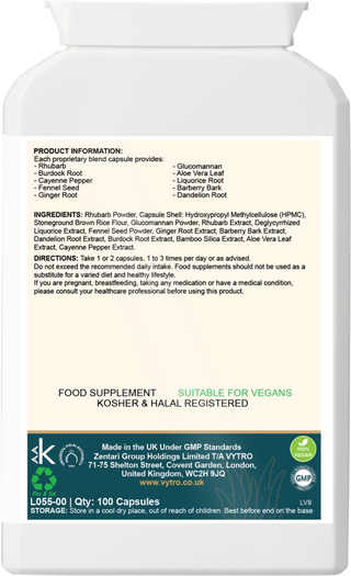 Back label of VYTRO COLONPURE+ showing botanical ingredients including Rhubarb Root, Burdock Root, Dandelion Root, Ginger Root and Aloe Vera Leaf — formulated to support detox and colon cleansing.