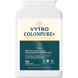 Front-facing VYTRO ColonPure+ supplement for digestive flow and gut regularity with botanical blend of aloe vera and fennel – crafted for digestive rhythm – vegan and GMP certified.