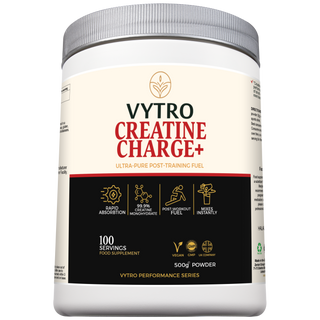 VYTRO Creatine Charge+ 99.9% pure creatine monohydrate powder front label – rapid absorption post-workout fuel, 500g vegan supplement made in the UK.