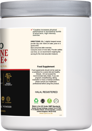 Side label of VYTRO Creatine Charge+ powder showing usage directions and health claims – improves performance in short-term, high-intensity exercise, halal registered, vegan approved.