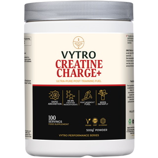 Front-facing VYTRO Creatine Charge+ supplement jar showing ultra-pure post-training fuel and performance icons – vegan creatine monohydrate for rapid recovery.
